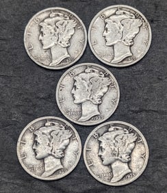 (2) 1935-P, (2) 1939-P, & (1) 1939-D Mercury Dimes