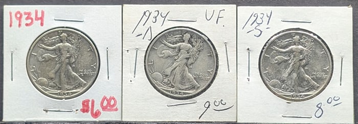 (3 coins) 1934, P, D and S Walking Liberty Half Dollars
