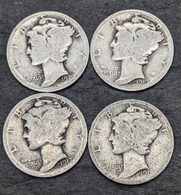 1917-P, 1918-P, 1919-P, & 1920-P Mercury Dimes