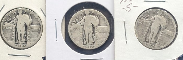 (3 coins) 1925-D, 1926-P, 1926-S Standing Liberty Quarters
