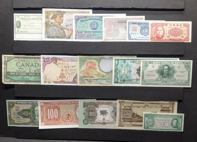 Assortment Of 16 Different Banknotes From 16 Different Countries.