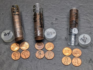 (3) Rolls of Lincoln Memorial Cents: 1964, 1964-D, & 1965 (1965 Roll Half Full)