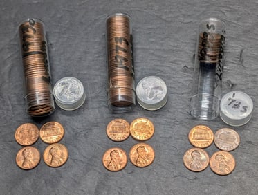 (3) Rolls of Lincoln Memorial Cents: 1973, 1973-D, 1973-S (1973-S Roll Half Full)
