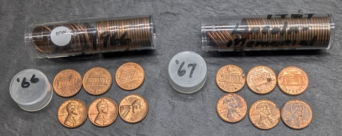 (2) Rolls of Lincoln Memorial Cents: 1966 & 1967 (1966 Roll Not Full)