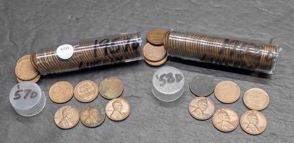 (2) Rolls of Lincoln Wheat Cents: 1957-D & 1958-D