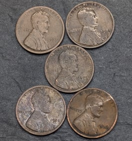 (5) Lincoln Wheat Cents: 1920-S, 1920-D, 1923, 1924, 1925