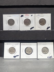 (6 coins) 1915-P, 1916-P, 1916 S, 1917-P, 1919-P, 1920-P  Buffalo Nickels