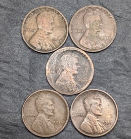 (5) Lincoln Wheat Cents: 1917-P, 1917-D, 1917-S, 1918-D, 1919-D