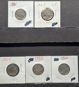 (5 coins) 1921, 1923, 1924, 1925, 1926 all P, Buffalo Nickels