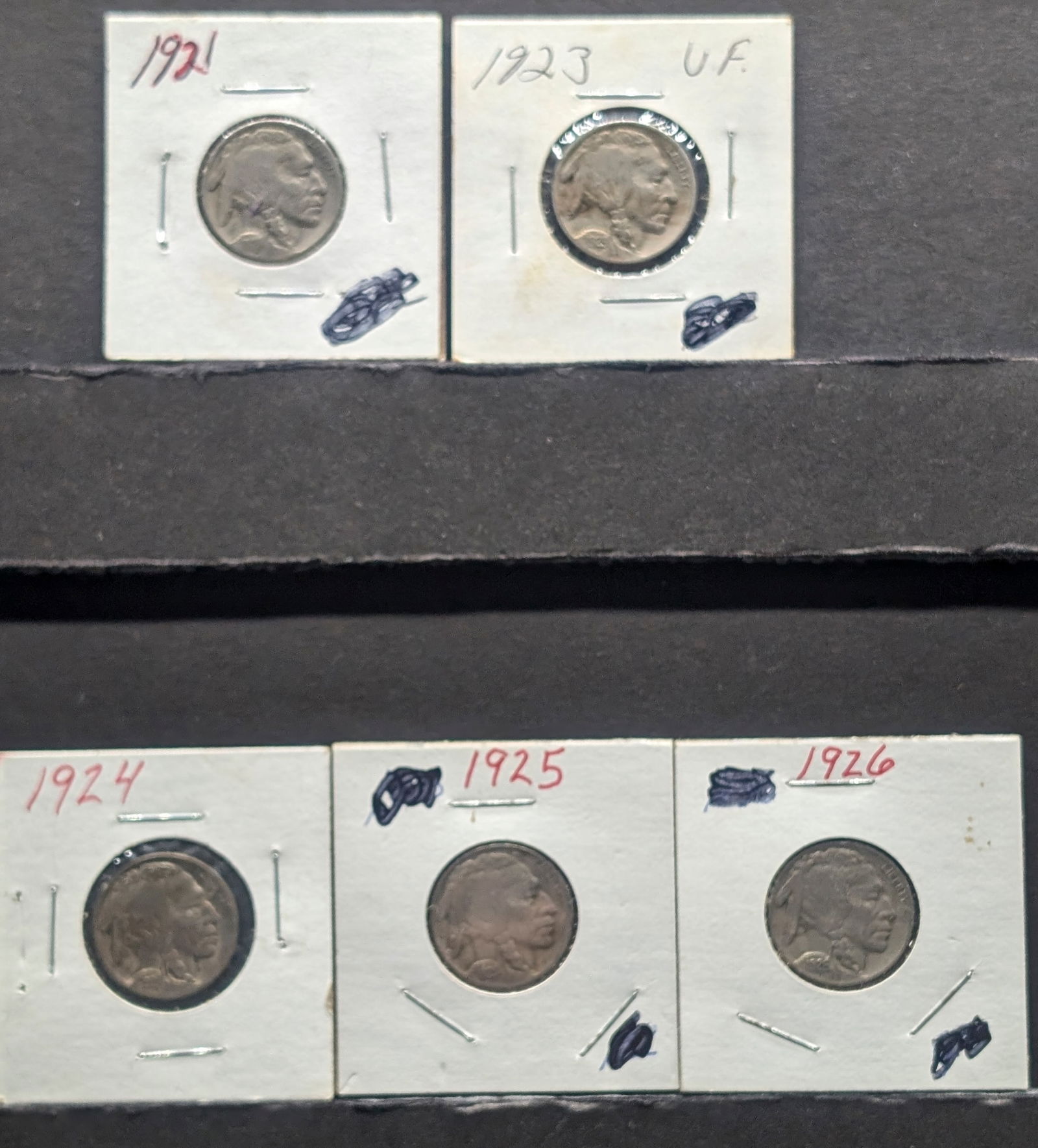 (5 coins) 1921, 1923, 1924, 1925, 1926 all P, Buffalo Nickels (1 of 4)