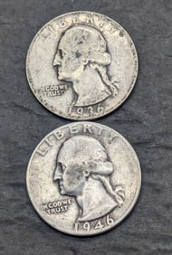 (2) 90% Silver Washington Quarters: 1936-P & 1946-P