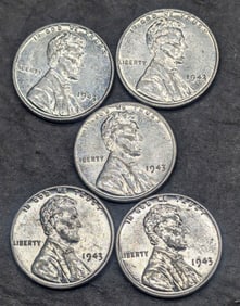 (5) 1943-P Steel Lincoln Wheat Cents