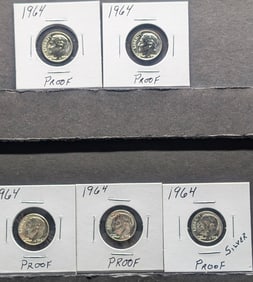 (5 coin) 1964 Roosevelt silver proof dimes
