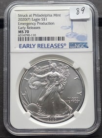 2020 (P) American Silver Eagle emergency production early releases MS70 by NGC