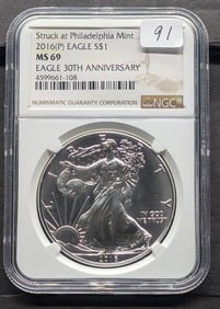 2016 (P) American Silver Eagle MS69 by NGC 30th Anniversary