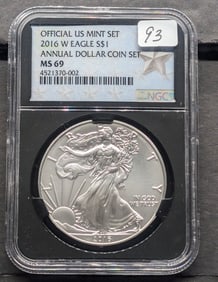 2016 W American Silver Eagle Official US Mint Set/Annual Dollar Coin Set MS69 NGC