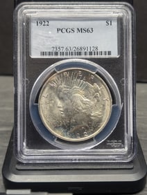 1922 US Peace Dollar. Slabbed by PCGS, top grader, as MS 63.