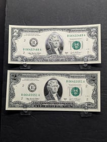Lot of Two 2003 A Series $2 Federal Reserve Notes **Silver LAYERED Details - CRISP PAPER**