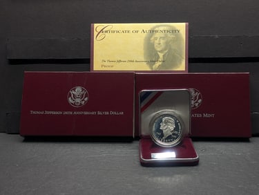 1993-S PROOF Thomas Jefferson 250th Anniv. Commem Silver Dollar in OGP w/ COA