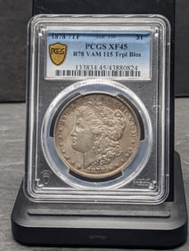 1878 Seven Tail Feather Morgan, VAM 115, Triple Blossoms. Slabbed by PCGS, top grader, as XF 45.