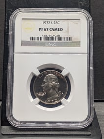 1972-S Washington Quarter. Slabbed by NGC, top tier grader, as Proof 67 Cameo.