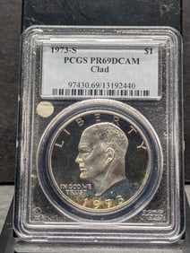 1973-S Eisenhower dollar. Slabbed by PCGS, top grader, as Proof 69 Deep Cameo. Better year.