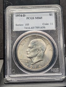 1974-D Eisenhower dollar. Slabbed by PCGS, top grader, as MS 65. All Ikes are hard to find with few