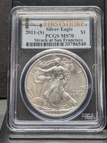 2011 (S) American Silver Eagle. Slabbed by PCGS, top grader, as MS 70. Struck at San Francisco.