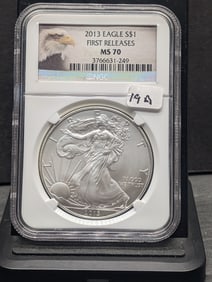 2013 American Silver Eagle. Slabbed by NGC, top tier grader, as First Releases MS 70. Perfect!