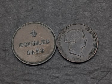 1858 Spain 25 Centimos Del Real & 1830 Guernsey 4 Doubles Coins