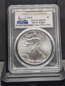 2016 American Silver Eagle. Slabbed by PCGS, top grader, as MS 70. 30th Anniversary Eagle. Perfect!