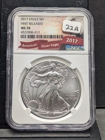 2017 American Silver Eagle. Slabbed by NGC, top tier grader, as First Releases MS 70. Perfect!