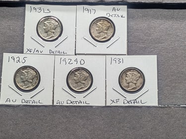 5 Mercury dimes from an old higher grade set. 1917, 25, 29 D, 31, and 31-S.