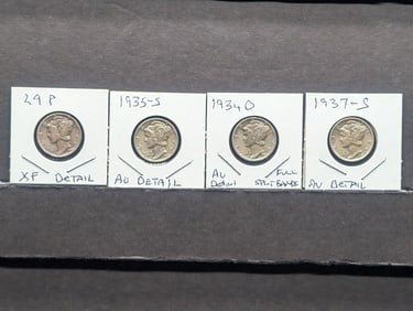 4 Mercury dimes from an old higher grade set. 1929, 34 D, 35 S, and 37-S.