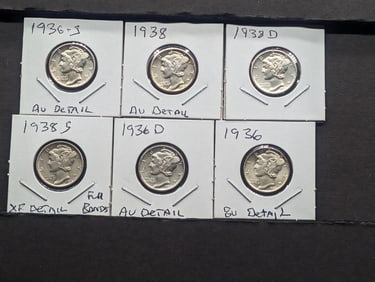 6 Mercury dimes from an old higher grade set. 1936, 36 D, 36 S, 38, 38 D and 38-S.