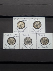 5 Mercury dimes from an old higher grade set. 1940-D, 40 S, 41, 41 S, and 42 D.