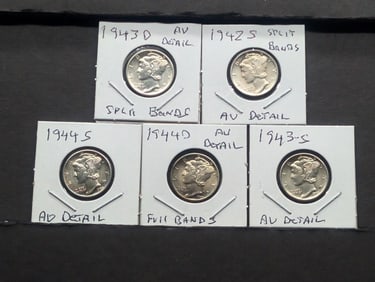 5 Mercury dimes from an old higher grade set. 1942 S, 43 D, 43 S, 44 D, and 44 S.