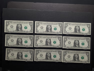 9 Consecutive serial number $1 Federal Reserve Notes from Boston. GEM Crisp. There are STAR