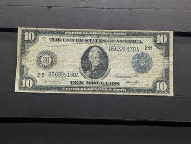 1914 $10 Federal Reserve Note. First issue by the newly created organization. Small tear has tape,