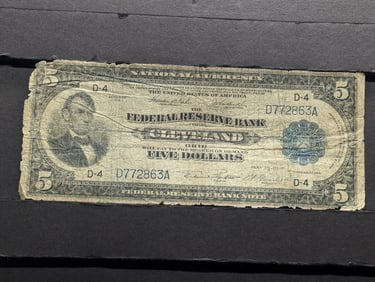 1918 $5 Federal Reserve Note. Very scarce valued at $375 in Fine. This one?s just good but RARE.