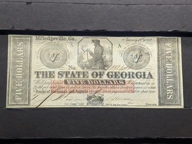 1862 Milledgeville Ga $5 Civil War Note. GEM New. You can hear the crisp.