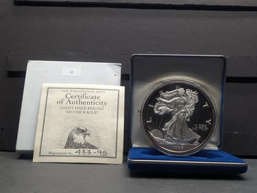 1/2 Pound (8 Troy Oz.) .999 PURE SILVER 1995 Proof American Silver Eagle Designed Bullion w/ COA