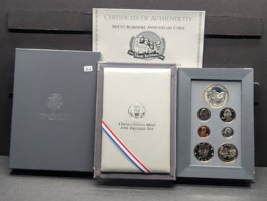 1991-S US Prestige Proof Set. Regular coins plus a Mt Rushmore Commemorative Silver Dollar and clad