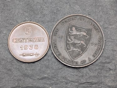 1877-H Jersey 1/24th Shilling & 1938-R San Marino 5 Centesimi Coins