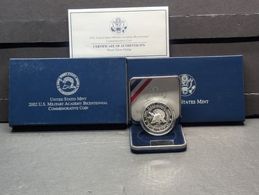 2002-W PROOF Military Academy Commem Silver Dollar in OGP w/ COA