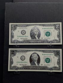 Lot of Two 2003 A Series $2 Federal Reserve Notes **Silver LAYERED Details - CRISP PAPER**
