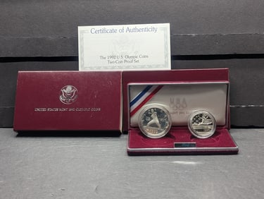 1992-S PROOF Olympic Baseball & Gymnast Commem 2-Coin Set in OGP w/ COA