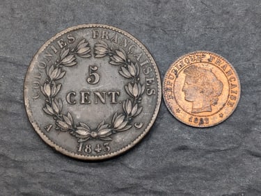 Both TOUGH TYPE Coins 1843-A French Colonies 5 Centimes & 1887-A France 1 Centime Coins