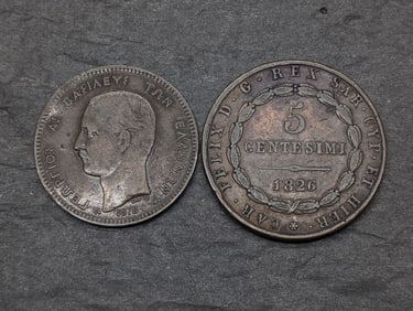 1878-K Greece 5 Lepta & 1826 Sardinia Italy 5 Centesimi Coins