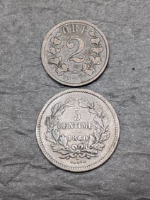 1877 Norway 2 Ore & 1860-A Luxembourg 5 Centimes Coins
